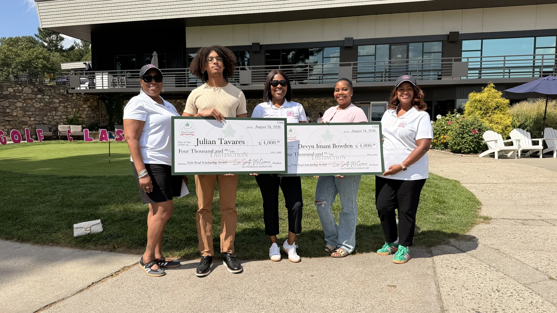 Julian Tavares, Devyn Bowden’s mother accepting on her behalf, and Foundation representatives at the 2026 Pearl Scholarship celebration
